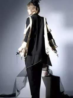 Ouji Lolita Dresses Gothic Black Classic Ruffles Cross Long Sleeves Shirt Overcoat Pants Sets