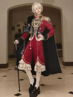 Ouji Lolita Dresses Knight Legion Red Cape Classic Ruffles Long Sleeves Top Pants Cape Sets