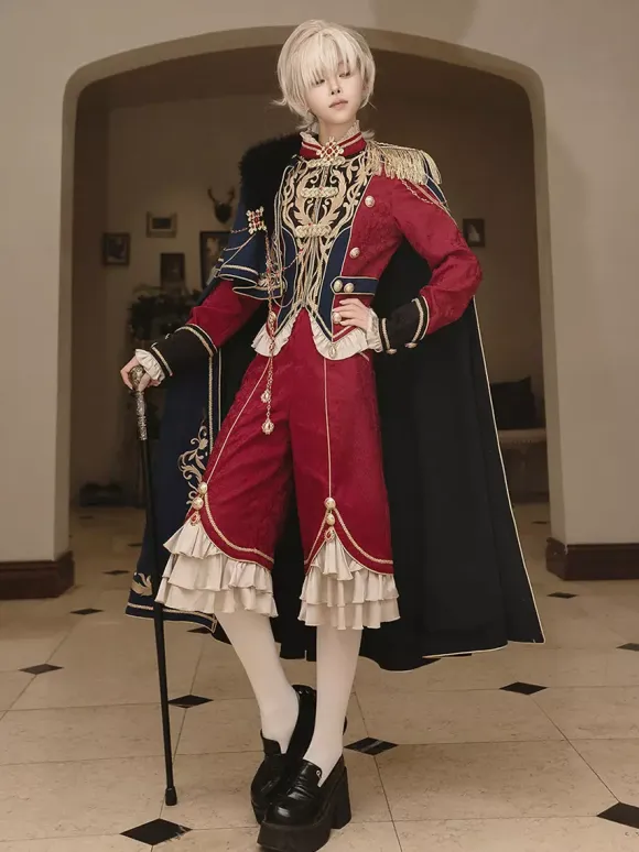 Ouji Lolita Dresses Knight Legion Red Cape Classic Ruffles Long Sleeves Top Pants Cape Sets