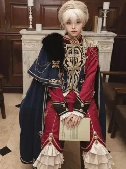 Ouji Lolita Dresses Knight Legion Red Cape Classic Ruffles Long Sleeves Top Pants Cape Sets