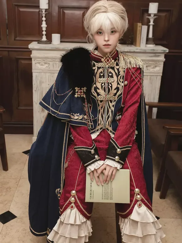 Ouji Lolita Dresses Knight Legion Red Cape Classic Ruffles Long Sleeves Top Pants Cape Sets