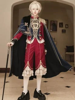 Ouji Lolita Dresses Knight Legion Red Cape Classic Ruffles Long Sleeves Top Pants Cape Sets