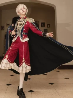 Ouji Lolita Dresses Knight Legion Red Cape Classic Ruffles Long Sleeves Top Pants Cape Sets