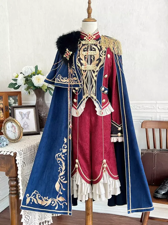 Ouji Lolita Dresses Knight Legion Red Cape Classic Ruffles Long Sleeves Top Pants Cape Sets