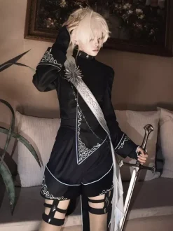 Ouji Lolita Outfit Gothic Black Long Sleeves Knight Top Pants Sets