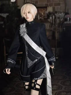 Ouji Lolita Outfit Gothic Black Long Sleeves Knight Top Pants Sets