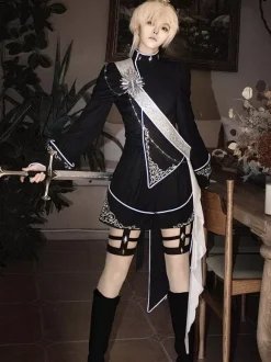 Ouji Lolita Outfit Gothic Black Long Sleeves Knight Top Pants Sets