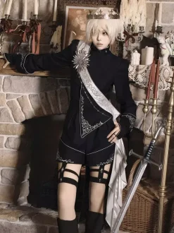 Ouji Lolita Outfit Gothic Black Long Sleeves Knight Top Pants Sets