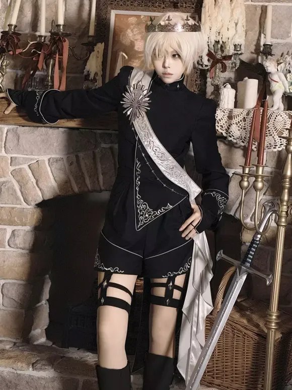 Ouji Lolita Outfit Gothic Black Long Sleeves Knight Top Pants Sets