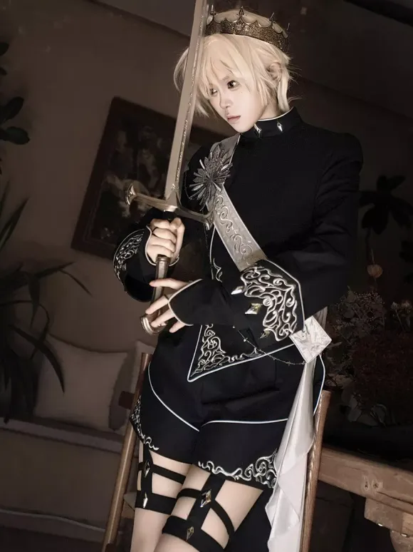 Ouji Lolita Outfit Gothic Black Long Sleeves Knight Top Pants Sets