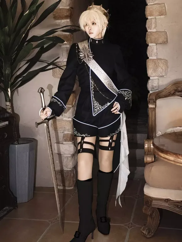 Ouji Lolita Outfit Gothic Black Long Sleeves Knight Top Pants Sets