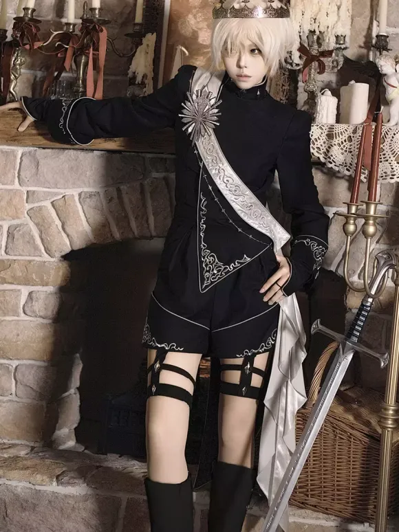 Ouji Lolita Outfit Gothic Black Long Sleeves Knight Top Pants Sets