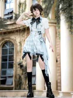 Ouji Lolita Set Blue And White Plaid Lolita Jumpsuit And Shirt Coord Set