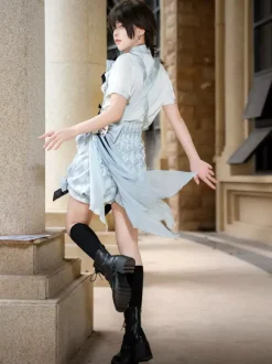 Ouji Lolita Set Blue And White Plaid Lolita Jumpsuit And Shirt Coord Set