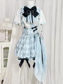 Ouji Lolita Set Blue And White Plaid Lolita Jumpsuit And Shirt Coord Set