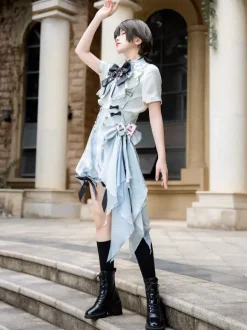 Ouji Lolita Set Blue And White Plaid Lolita Jumpsuit And Shirt Coord Set