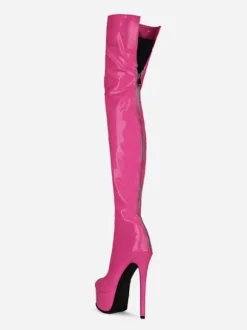 Over The Knee Boots Leather Platform Round Toe Bright Leather Zip Up High Heel Thigh High Boots