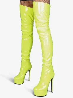 Over The Knee Boots Leather Platform Round Toe Bright Leather Zip Up High Heel Thigh High Boots
