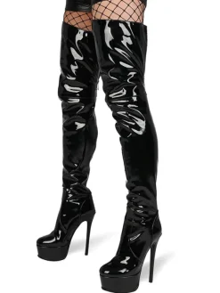 Over The Knee Boots Leather Platform Round Toe Bright Leather Zip Up High Heel Thigh High Boots