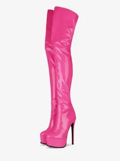 Over The Knee Boots Leather Platform Round Toe Bright Leather Zip Up High Heel Thigh High Boots