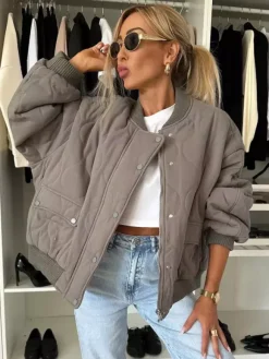 Oversized Black Quilted Bomber Jacket Padded Streetwear Coat For Women 2026