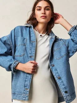 Oversized Denim Jacket For Women - Medium Wash Boyfriend Fit Side Slit Trucker Coat - Spring Daily Streetwear 2026