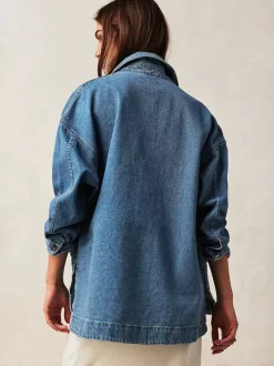 Oversized Denim Jacket For Women - Medium Wash Boyfriend Fit Side Slit Trucker Coat - Spring Daily Streetwear 2026