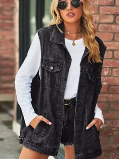 Oversized Denim Vest For Women - Vintage Distressed Sleeveless Long Jean Jacket Coat - Spring Summer Chic Streetwear 2026