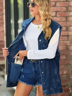 Oversized Denim Vest For Women - Vintage Distressed Sleeveless Long Jean Jacket Coat - Spring Summer Chic Streetwear 2026