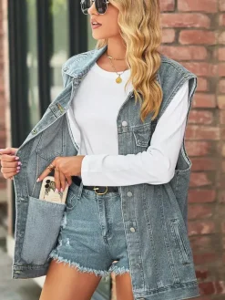 Oversized Denim Vest For Women - Vintage Distressed Sleeveless Long Jean Jacket Coat - Spring Summer Chic Streetwear 2026