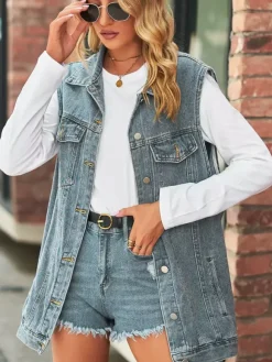 Oversized Denim Vest For Women - Vintage Distressed Sleeveless Long Jean Jacket Coat - Spring Summer Chic Streetwear 2026