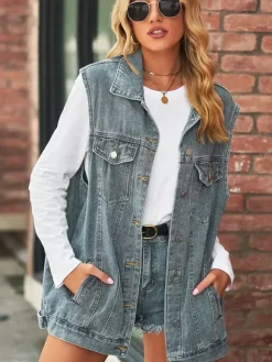 Oversized Denim Vest For Women - Vintage Distressed Sleeveless Long Jean Jacket Coat - Spring Summer Chic Streetwear 2026