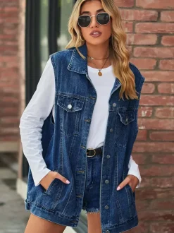 Oversized Denim Vest For Women - Vintage Distressed Sleeveless Long Jean Jacket Coat - Spring Summer Chic Streetwear 2026