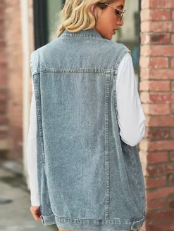 Oversized Denim Vest For Women - Vintage Distressed Sleeveless Long Jean Jacket Coat - Spring Summer Chic Streetwear 2026