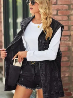 Oversized Denim Vest For Women - Vintage Distressed Sleeveless Long Jean Jacket Coat - Spring Summer Chic Streetwear 2026