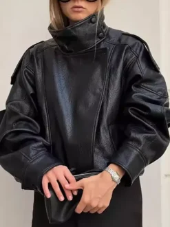Oversized Faux Leather Bomber Jacket For Women - Black Retro High Neck Loose Moto Biker Coat - Spring Chic Streetwear 2026