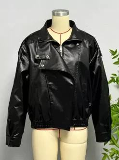 Oversized Faux Leather Bomber Jacket For Women - Black Retro High Neck Loose Moto Biker Coat - Spring Chic Streetwear 2026