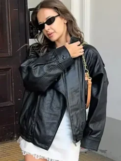 Oversized Faux Leather Bomber Jacket For Women - Black Retro High Neck Loose Moto Biker Coat - Spring Chic Streetwear 2026