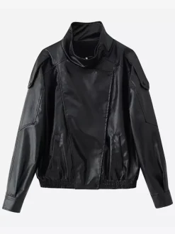 Oversized Faux Leather Bomber Jacket For Women - Black Retro High Neck Loose Moto Biker Coat - Spring Chic Streetwear 2026