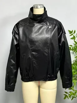 Oversized Faux Leather Bomber Jacket For Women - Black Retro High Neck Loose Moto Biker Coat - Spring Chic Streetwear 2026