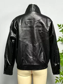 Oversized Faux Leather Bomber Jacket For Women - Black Retro High Neck Loose Moto Biker Coat - Spring Chic Streetwear 2026