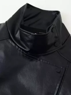 Oversized Faux Leather Bomber Jacket For Women - Black Retro High Neck Loose Moto Biker Coat - Spring Chic Streetwear 2026