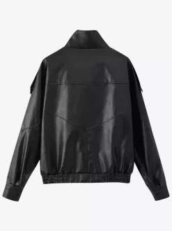 Oversized Faux Leather Bomber Jacket For Women - Black Retro High Neck Loose Moto Biker Coat - Spring Chic Streetwear 2026