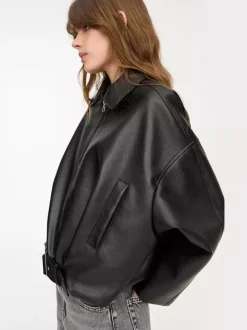 Oversized Faux Leather Bomber Jacket With Belt For Autumn 2026