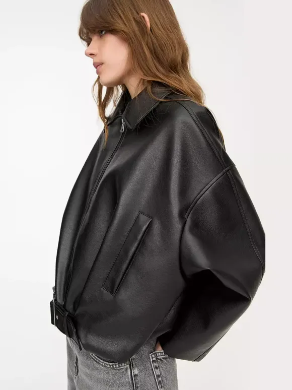 Oversized Faux Leather Bomber Jacket With Belt For Autumn 2026