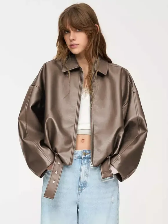 Oversized Faux Leather Bomber Jacket With Belt For Autumn 2026
