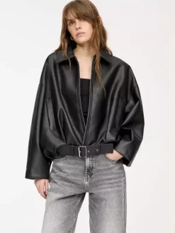 Oversized Faux Leather Bomber Jacket With Belt For Autumn 2026