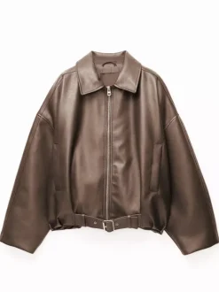 Oversized Faux Leather Bomber Jacket With Belt For Autumn 2026
