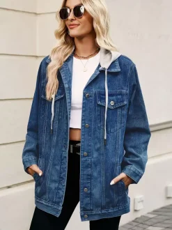 Oversized Hooded Denim Jacket For Women - Long Boyfriend Fit Distressed Jean Trucker Coat - Spring Chic Streetwear 2026