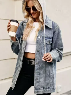 Oversized Hooded Denim Jacket For Women - Long Boyfriend Fit Distressed Jean Trucker Coat - Spring Chic Streetwear 2026